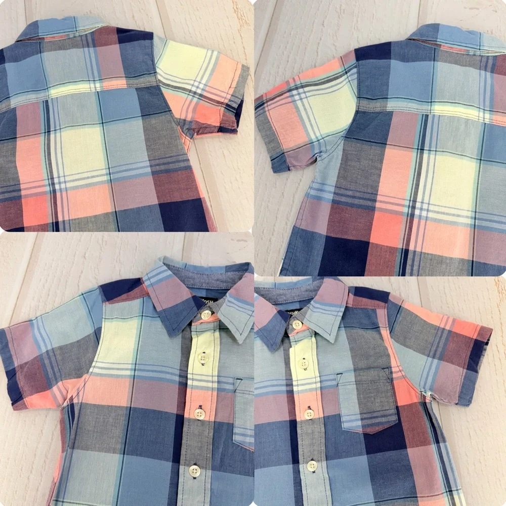 OshKosh Toddler Boy 3T Plaid‎ Button Up Shirt Blue Pink Short Sleeve